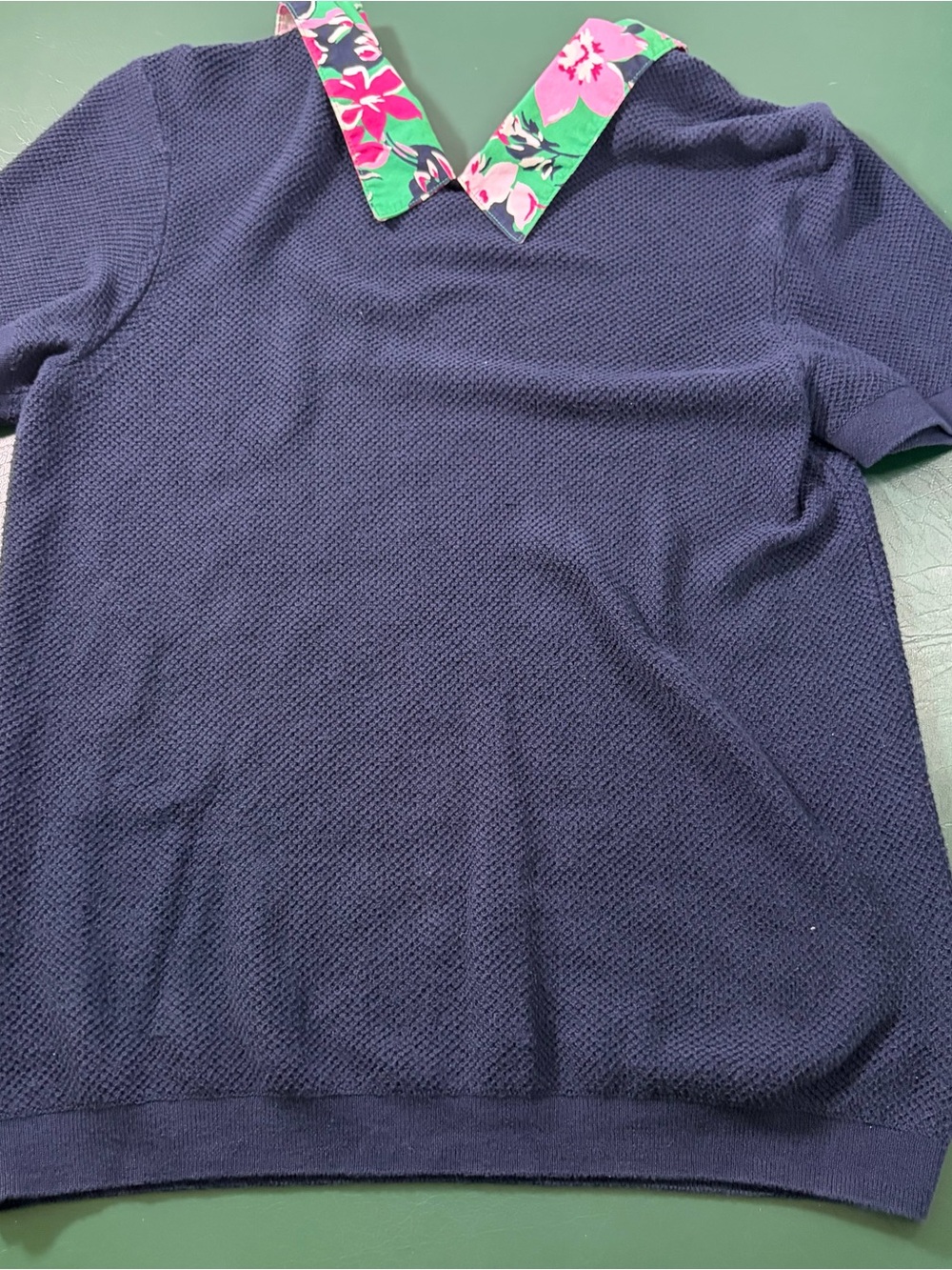J. Crew Navy Knit Short-Sleeve Polo with Pink & Green Floral Collar